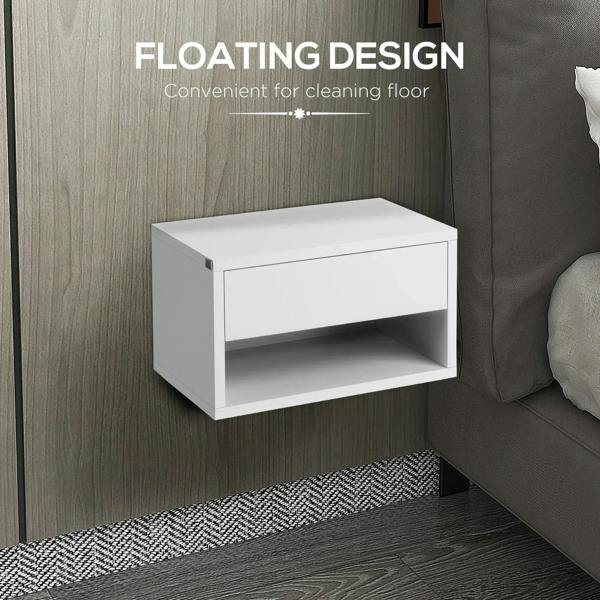 White floating bedside table with open shelf and smooth drawer front for wall mounting