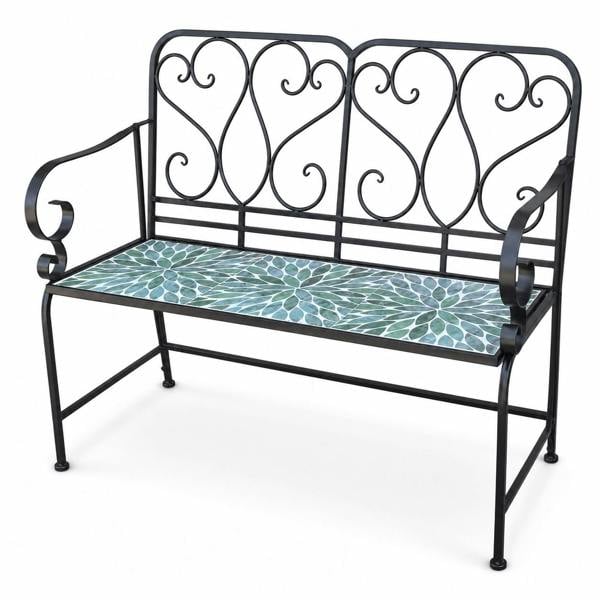 Leaf Mosaic 2 Seater Garden Bench, 112cm Outdoor Patio Seat with Ceramic Tile Seat, Scrollwork Backrest & Metal Frame image 3