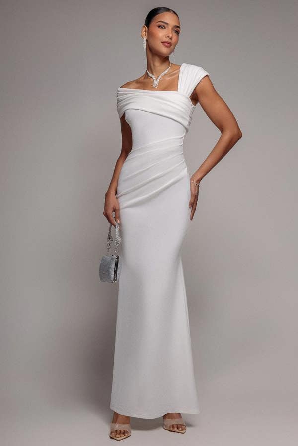 One Shoulder Asymmetric Scuba Crepe Maxi Dress - White DR3231