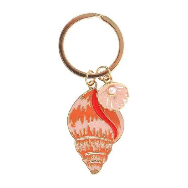 Gold-tone ring keychain with orange enamel shell and pearl flower charm