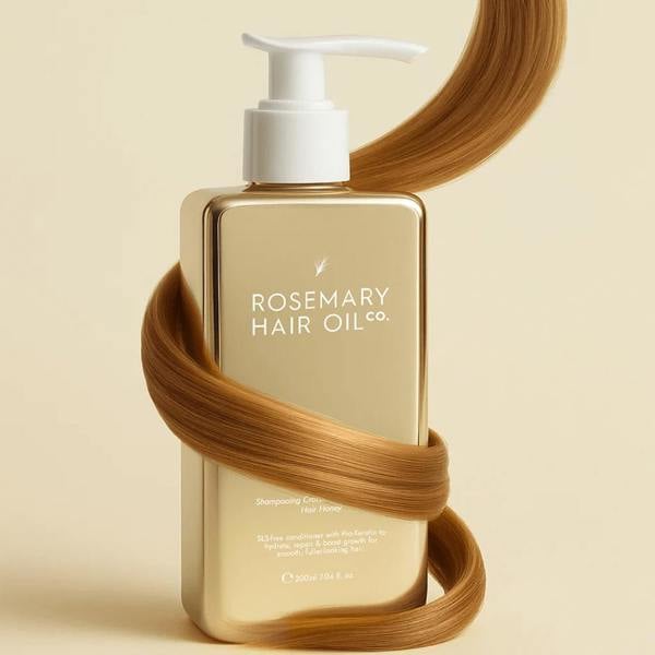 Rosemary Hair Oil Co. bottle with a pump and brown hair strands on a beige background. Hydrating honey conditioner for stronger, smoother and healthier-looking hair