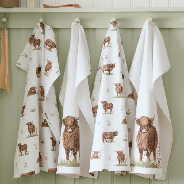 Catherine Lansfield Angus Highland Cow Cotton Kitchen Tea Towel Pack of 4 Natural