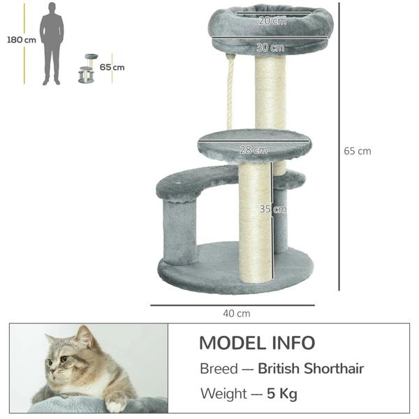 Grey cat tower with three levels, round beds, sisal posts, and hanging rope
