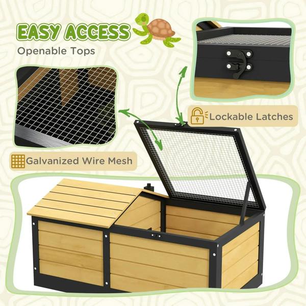 Yellow wooden reptile shelter with openable tops, galvanized wire mesh, and lockable latches