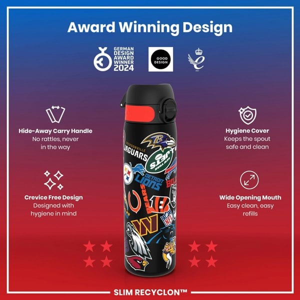 A water bottle, featuring various NFL team logos, sits against a red and purple background. The bottle displays several design features, including a hide-away handle and a wide mouth opening. Award logos are shown at the top.