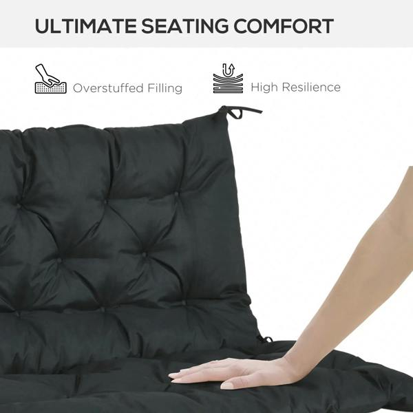 Black bench cushion pad with backrest, tufted quilting, hand presses comfort area