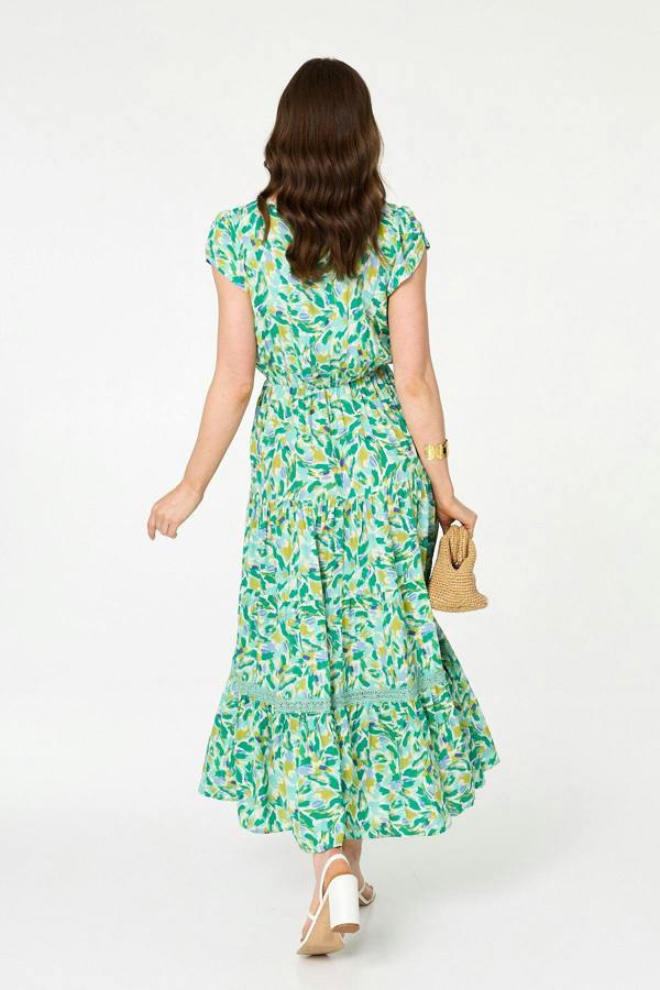 Green | Printed Cap Sleeve Lace Tier Maxi Dress