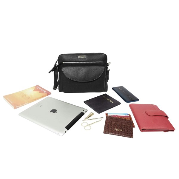 Assots London 'JEAN' Black Real Soft Pebble Grain Leather Crossbody Bag