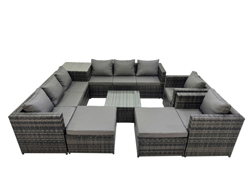 Fimous 10 Seater Garden Outdoor Rattan Furniture Set Patio Corner Sofa Coffee Table with Side Table 2 Big Stool Dark Grey