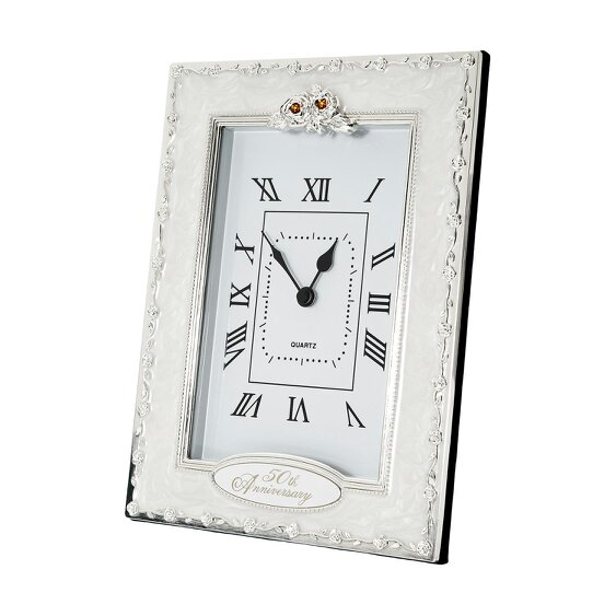 Happy Homewares 50th Anniversary Clock with Silver Plated Roses and Gold Diamantes