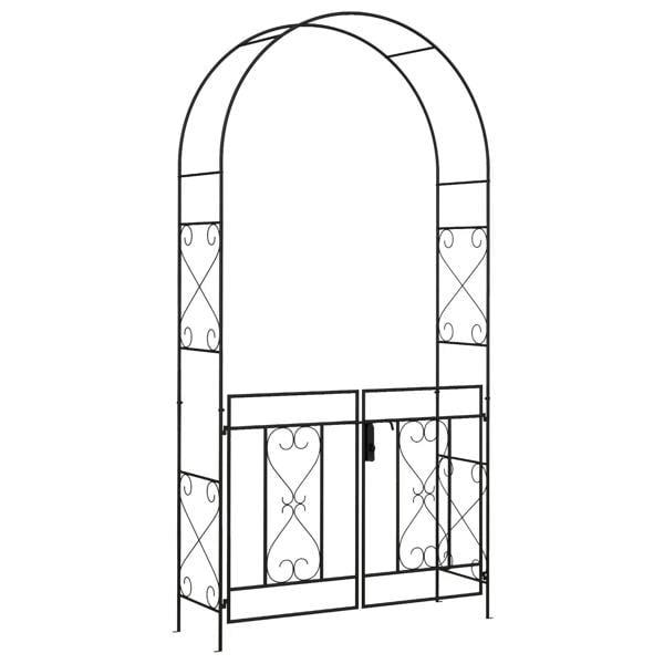 Black metal garden arch with hinged double gate featuring heart scrollwork panels
