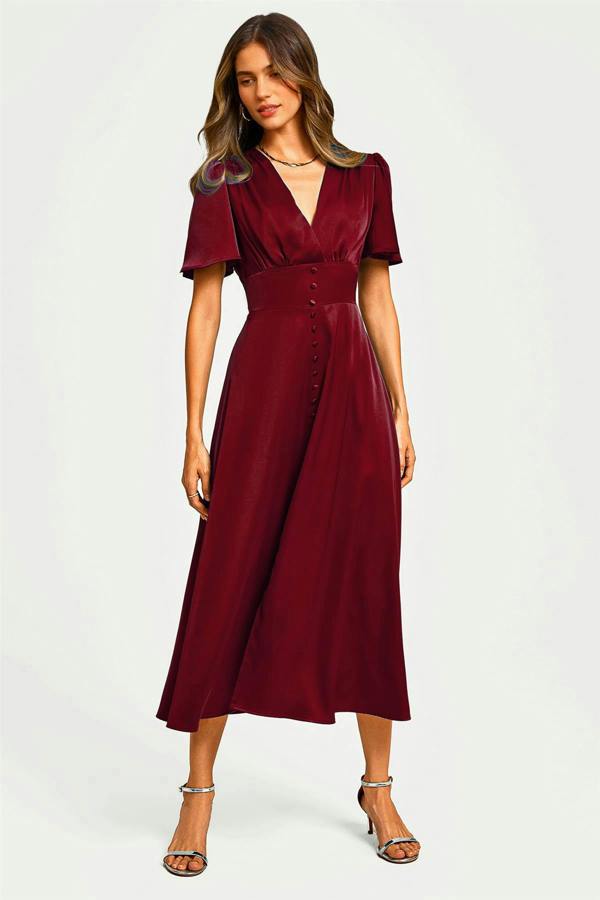 FS Collection Satin V neckline Button Detail Dress In Wine