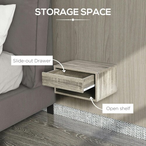 Wyld Haus Rosama Set Of 2 Grey Wood Effect Floating Bedside Tables Wall Mounted 1 Drawer 1 Shelf