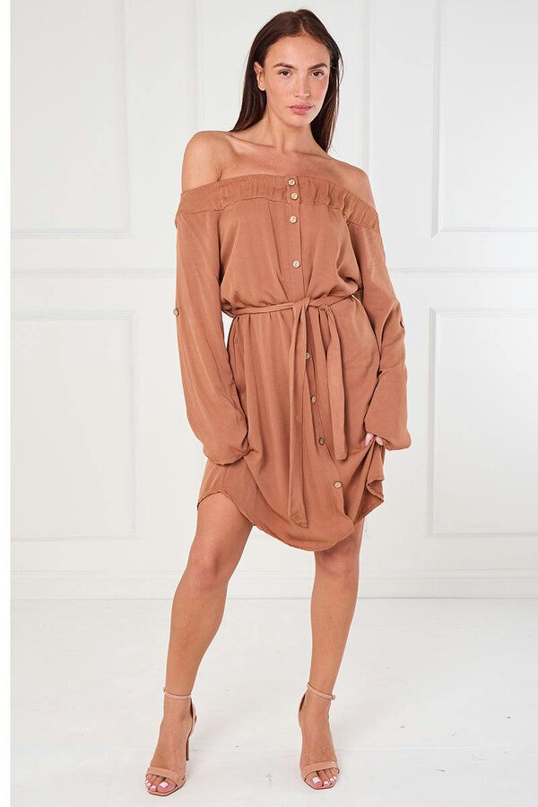Elaina Fashion Off Shoulder Button Down Shirt Dress (One Size 8–14)