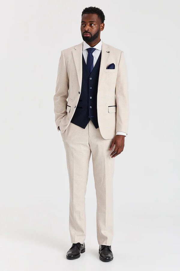 Paul Andrew Regent Cream Check Suit with Regent Navy Waistcoat