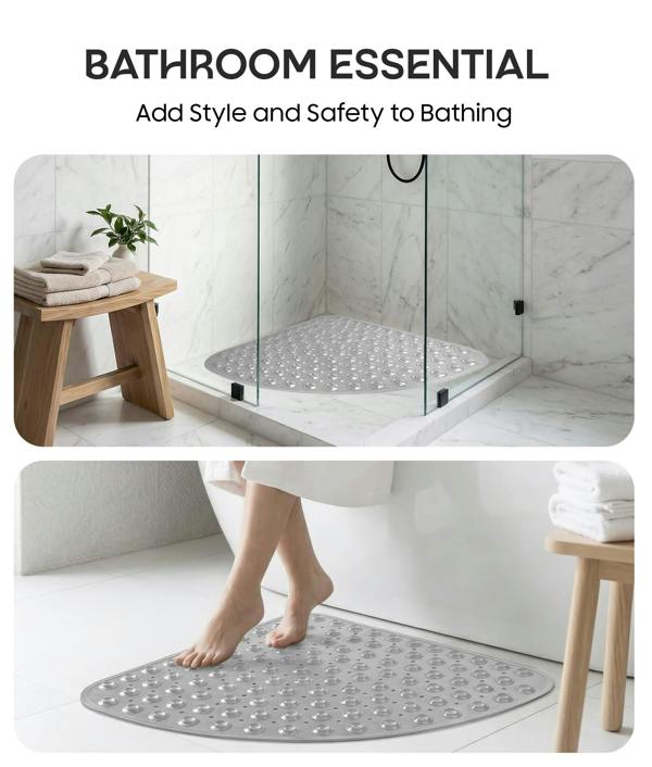 ADOV Corner Shower Mat, 54 x 54cm Curved Non Slip Bath Mat with Suction Cups and Drainage Holes