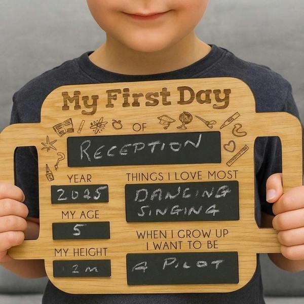 A young child holding a wooden 'My First Day of Reception' chalkboard memory prop board with side handles.