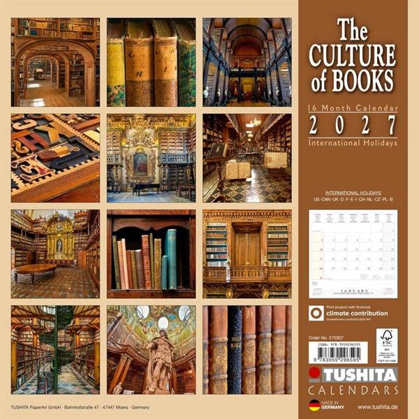 The Culture Of Books Calendar 2027, Wall Calendars, Month To View, History & Literature, Gift
