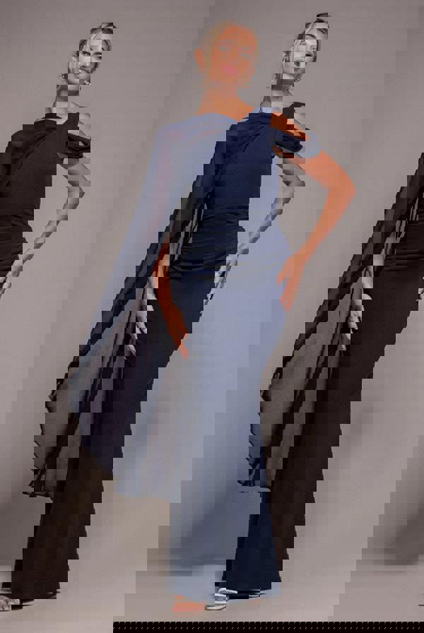 One Shoulder Chiffon Cape Crepe Maxi Dress - Navy Blue DR4982