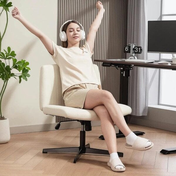 Bobobiy Armless Office Chair No Wheels, Linen Fabric Criss Cross Legged Desk Chair with Wide Seat, Height Adjustable Swivel Computer Seat, Cream