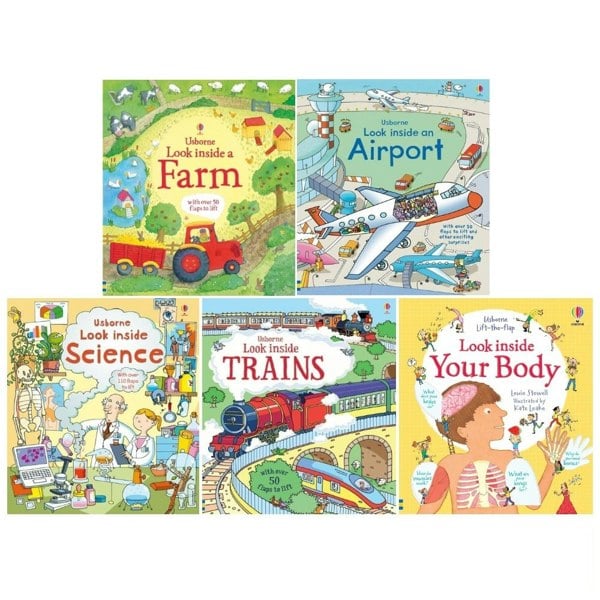 Lift the Flap Look Inside 5 Books Collection Set (Your Body, Science, Farm, Airport, Trains)