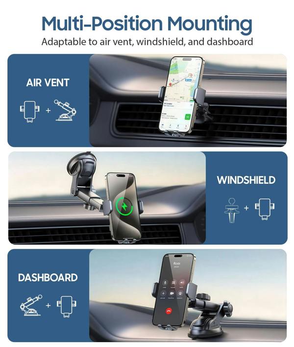 ULTRICS Car Phone Holder Wireless Charger, 15W Auto-Clamping Mount for Air Vent, Dashboard and Windscreen