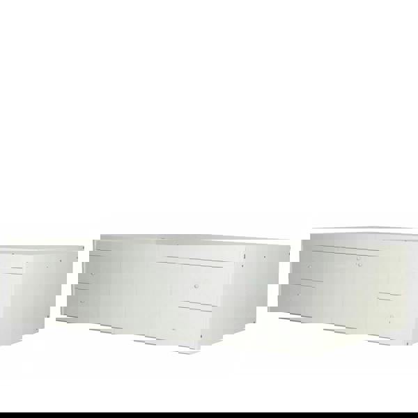 White bed frame with a built-in central cupboard and 4 drawers (2 drawers on each side of the cupboard).