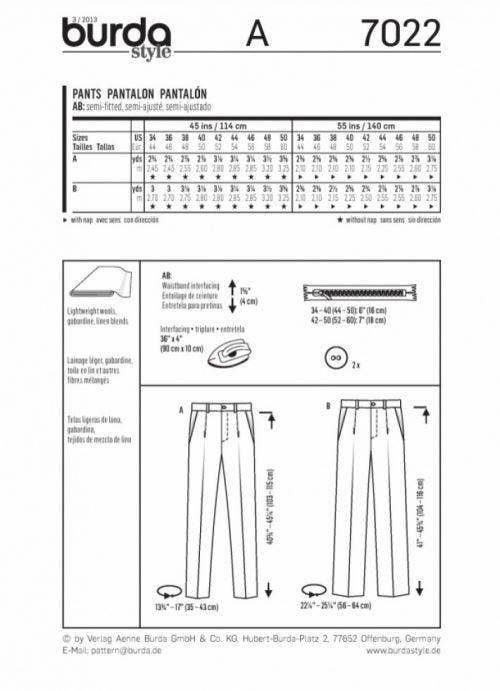 Burda Sewing Pattern 7022 Trousers For Men, 34 to 50 - Intermediate