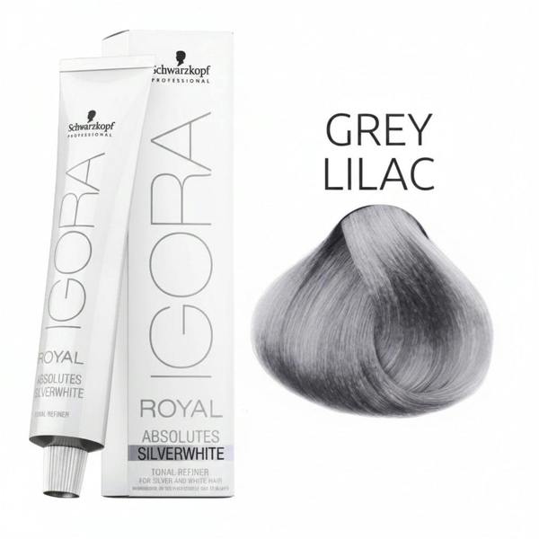 Schwarzkopf Igora Royal hair color with a sample of grey lilac hair on a white background