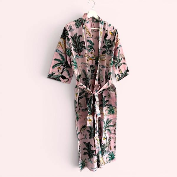 Hayley & Co Jungle Print 100% Cotton Dressing Gown in Pale Pink