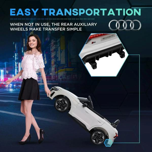 White kids electric ride-on car with rear auxiliary transport wheels