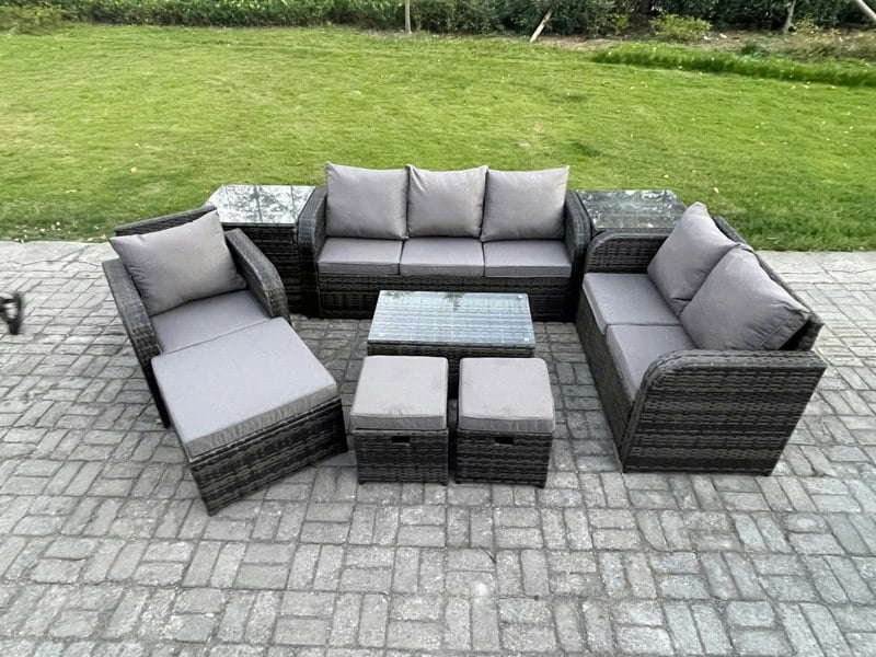 Fimous Outdoor Garden Furniture Sets 9 Pieces Wicker Rattan Furniture Sofa Sets with Rectangular Coffee Table Loveseat Sofa 3 Footstools 2 Side Tables