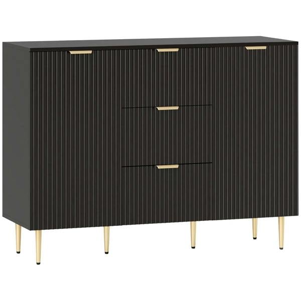 Black sideboard cabinet with two doors, vertical ridged panels, bar handles, gold legs