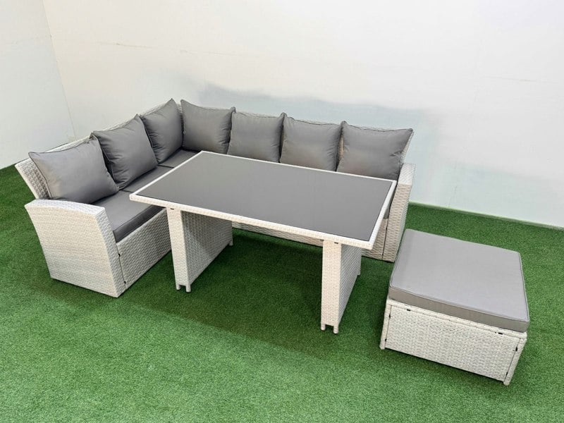 Fimous 7 Seater Wicker Rattan Corner Sofa Sets Outdoor Garden Furniture Sets with Rectangular Dining Table Lounge Sofa Big Footstool Light Grey