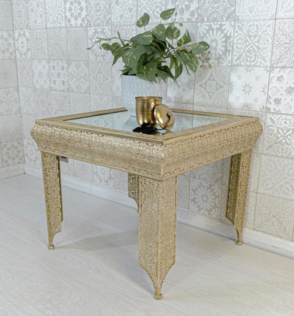 Light Gold Embossed Metal Mirrored Glass Side Table - Agadir Range