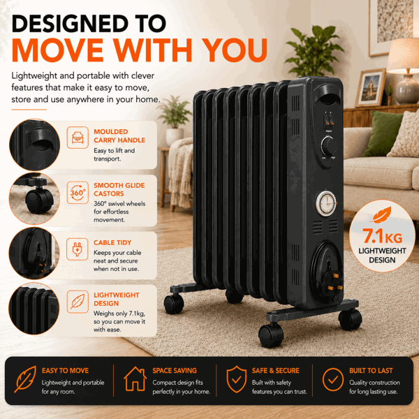 MYLEK Oil Filled Radiator 2000w Portable Heater Thermostat 24 Hour Timer Grey