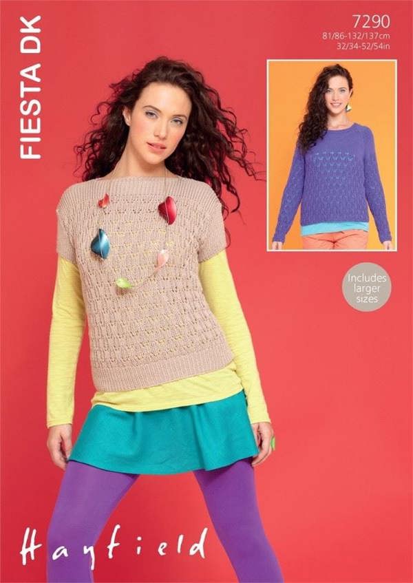 Hayfield Fiesta Knitting Pattern 7290, Tops, Sweaters for Women, 32 - 54 Inches - Advanced