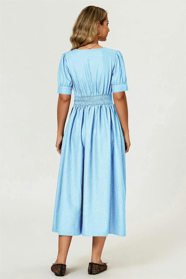 FS Collection Puff Sleeve Button Down Denim Midi Dress In Light Blue