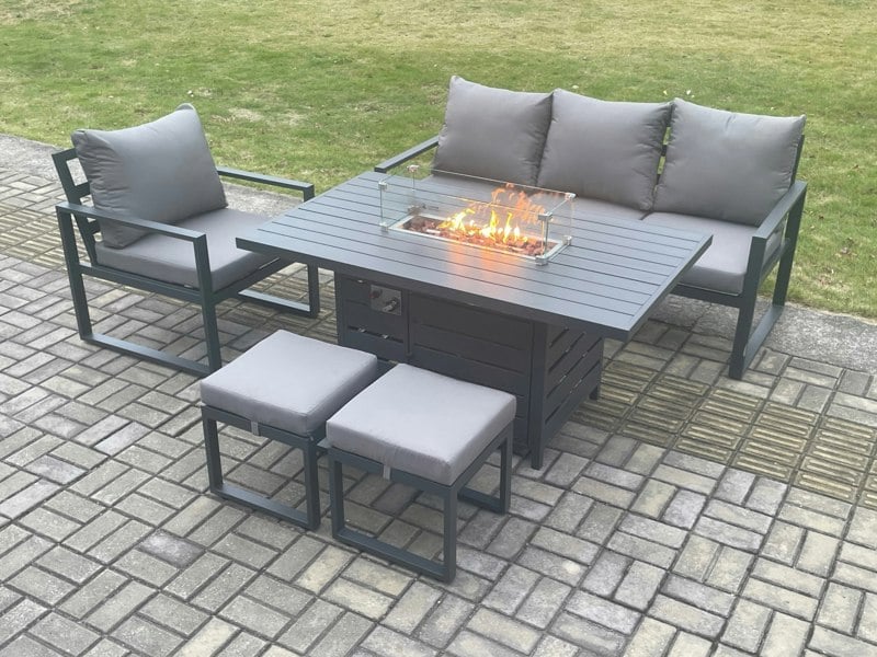 Fimous Aluminium Outdoor Garden Furniture Set Gas Fire Pit Dining Table Set Gas Heater Burner with 2 Small Footstools Dark Grey 6 Seater