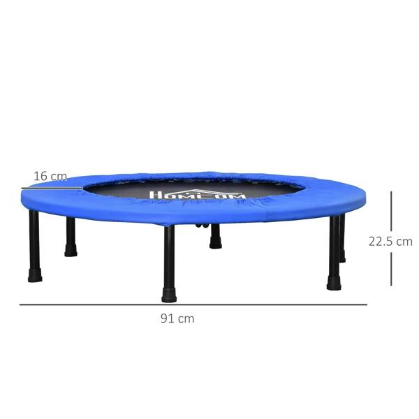 Blue 36-inch mini trampoline with black legs and circular safety-padded mat