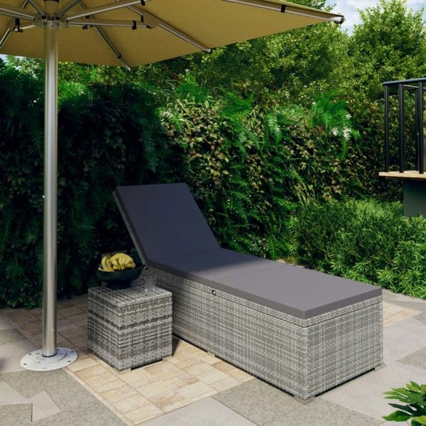 Berkfield Sun Lounger with Cushion and Tea Table Poly Rattan Grey