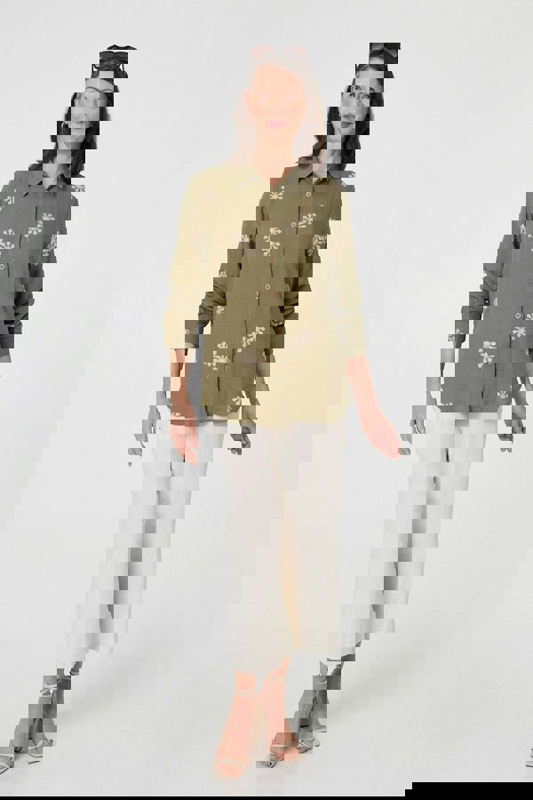 Khaki | Snowflake Embroidered Long Sleeve Shirt
