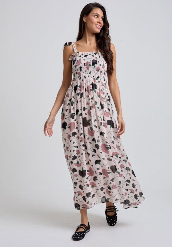Floral Printed Midi dress with tie shoulder detail and gathered bust