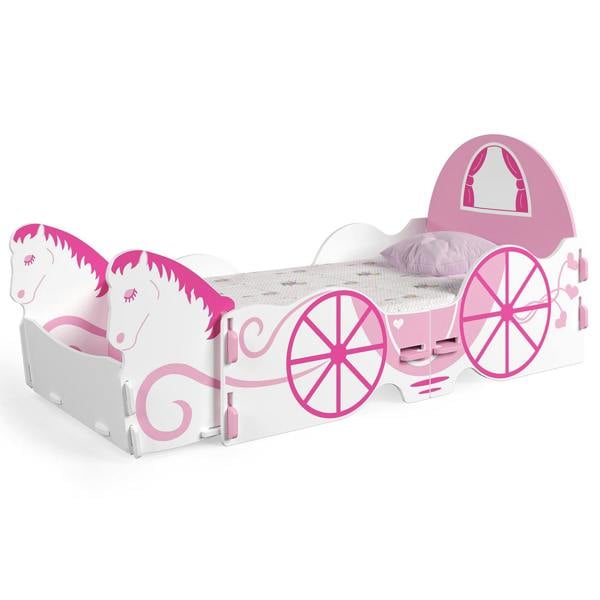 White bed frame shaped like a princesses carriage. It shows off the pink illustrated cart graphics and comes with a detachable horse toy box at the front.