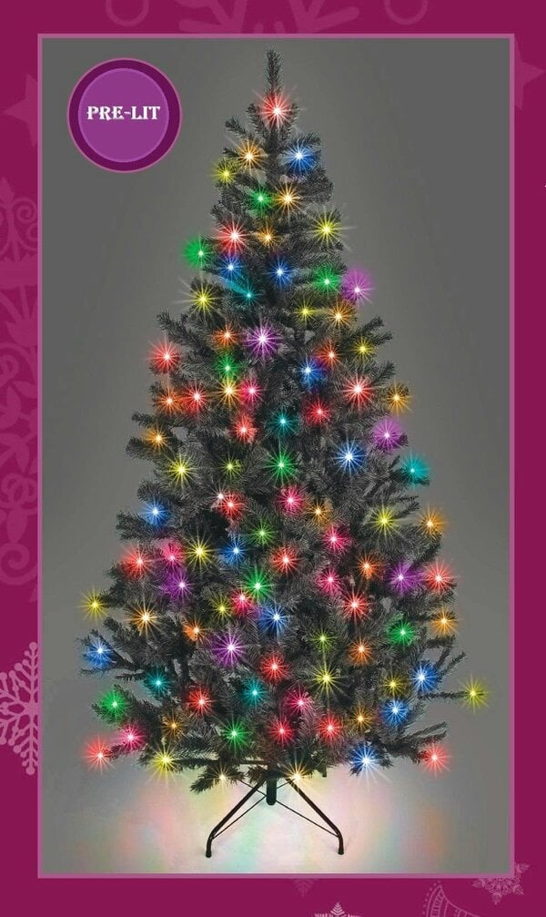 Shatchi 5ft to 7ft Pre-Lit Artificial Christmas Trees with Multicolour LEDs, PVC and Metal Stand - PVC - Black