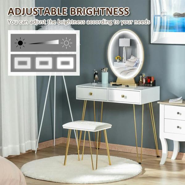 Vanity desk with oval LED mirror and adjustable brightness controls graphic