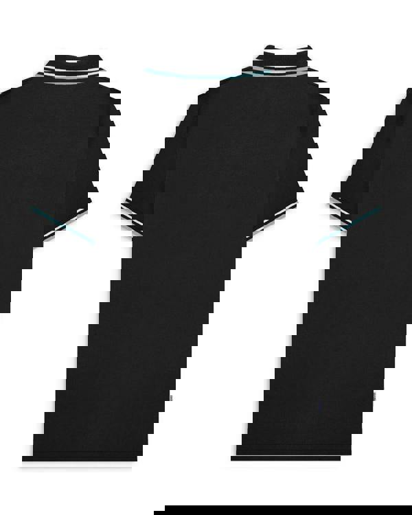 Lambretta Mens Vertical Stripe Classic Mod Ska Casual Smart Polo, black polo shirt with striped collar and sleeve accents.