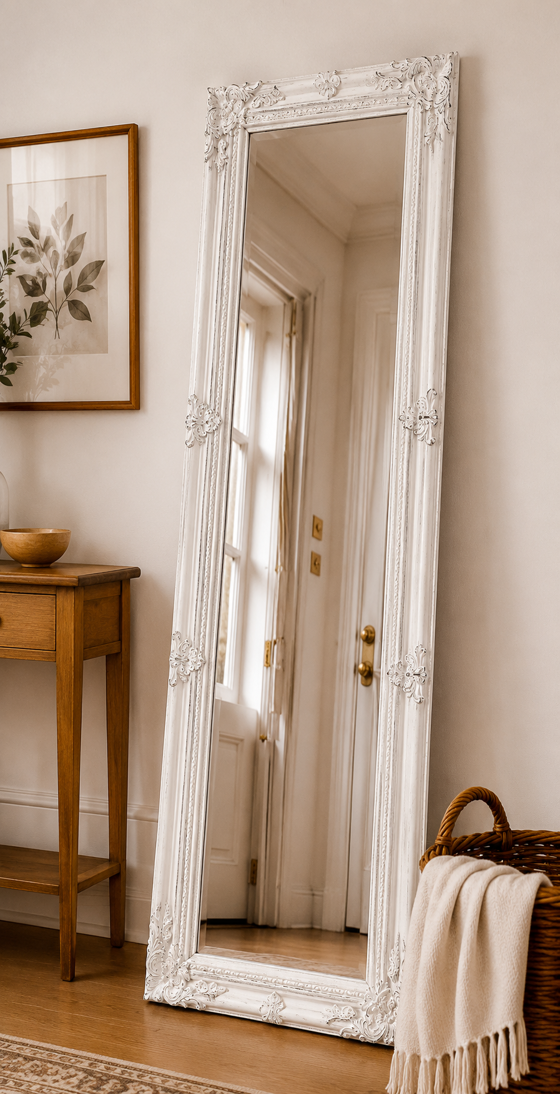 Downton Interiors Antique White Tall Ornate Dressing Wall Mirror with Bevelled Glass 142cm