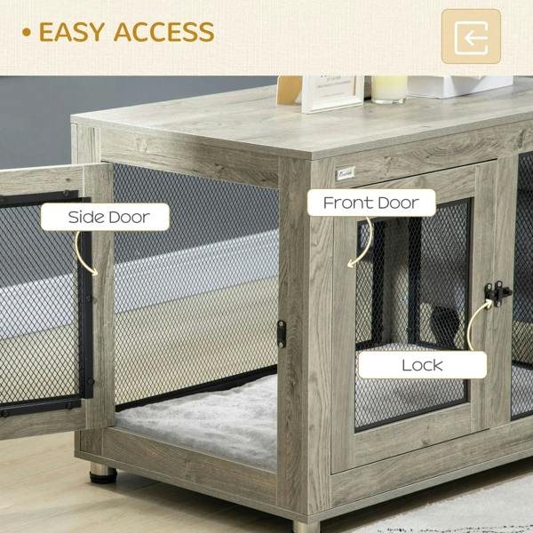 Grey two-door dog cage side table with front and side doors and lock hardware