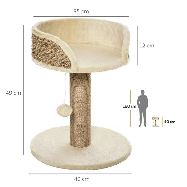 Beige cat climbing tower with round base, sisal post, plush top perch, and hanging ball